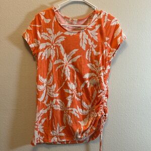 Belle Kim Gravel Top‎ Womens Small Orange White Palm Tree Print Ruched Casual